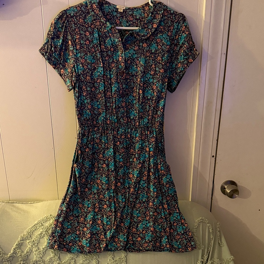Forever 21 Teal, Brown & Coral Floral Short-Sleeve Mini Dress
